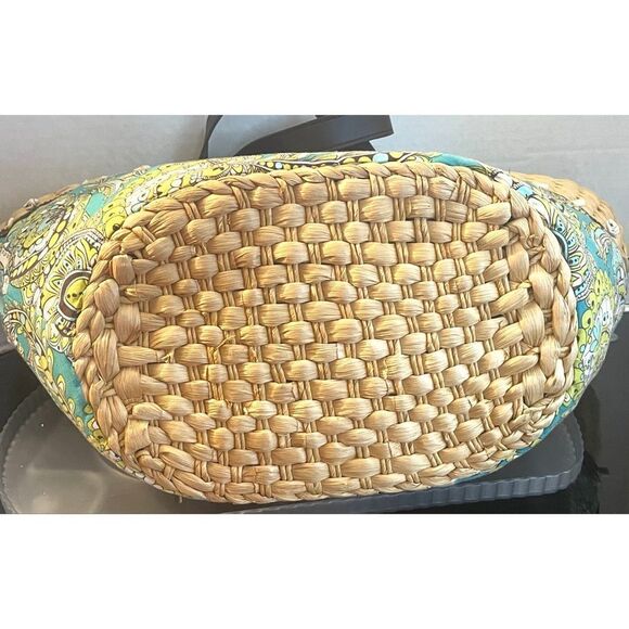 Vera Bradley Peacock Floral Straw Wicker Fabric Tote Bag Blue Green Large - Picture 7 of 11